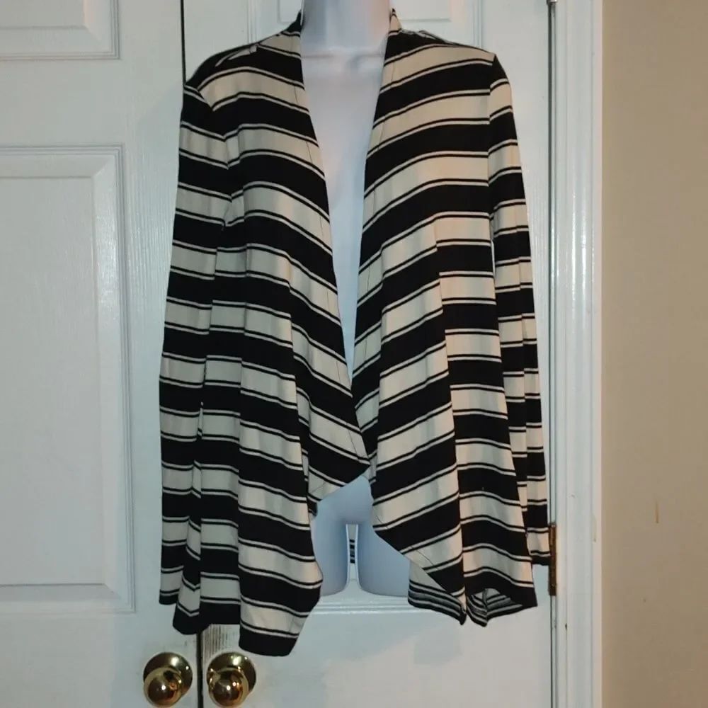 INC Ribbed Black & White Striped Open-Front Cardigan Sz S